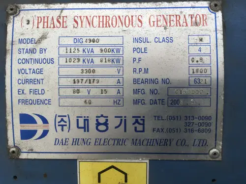GEGEVENS MTU 16V2000G42 GENERATOR 1125KVA - Miniatuur afbeelding 5